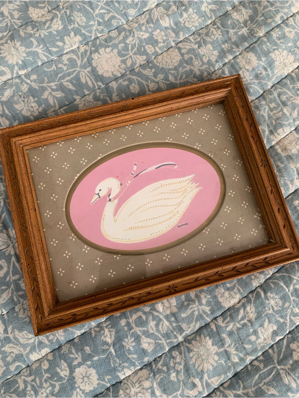 Vintage Wooden Framed Pink Swan Art Print - Home Accents cottage grandmas
